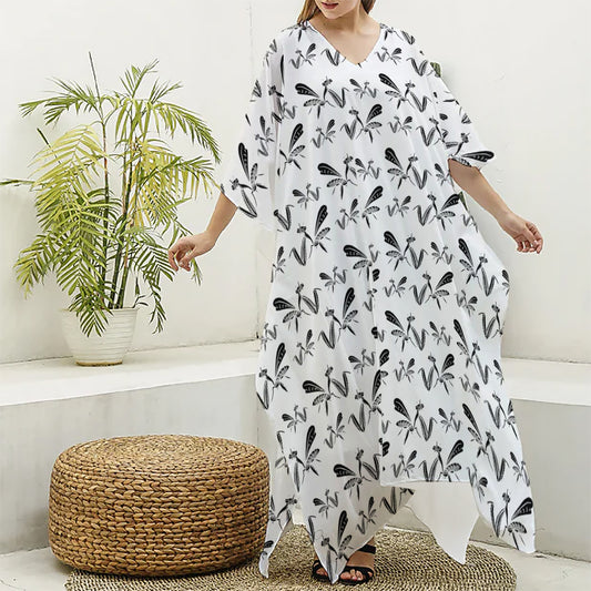 White And Black Mantis Pattern Print Silk V-Neck Kaftan Dress