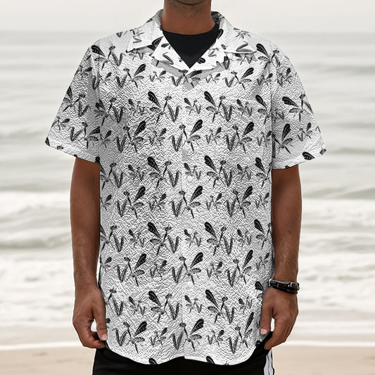 White And Black Mantis Pattern Print Textured Short Sleeve Shirt
