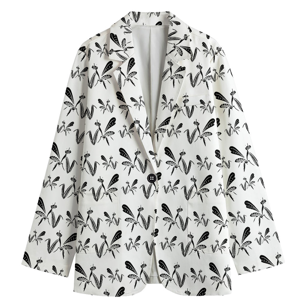 White And Black Mantis Pattern Print Women's Blazer
