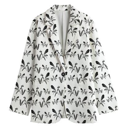 White And Black Mantis Pattern Print Women's Cotton Blazer