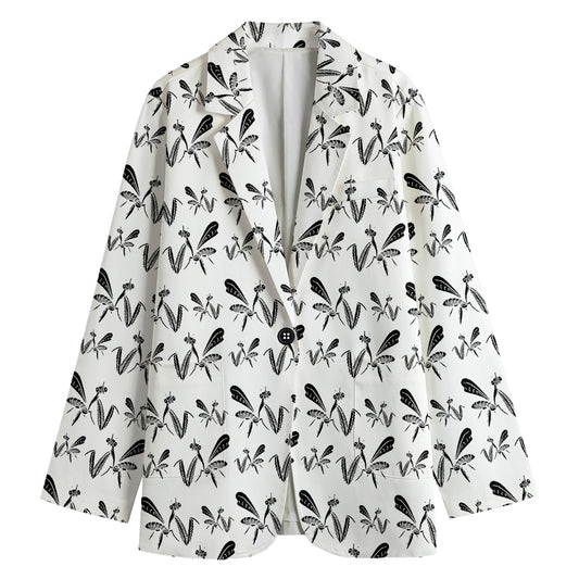 White And Black Mantis Pattern Print Women's Cotton Blazer