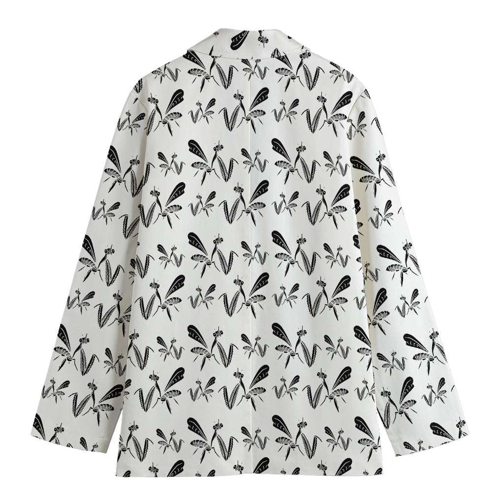 White And Black Mantis Pattern Print Women's Cotton Blazer