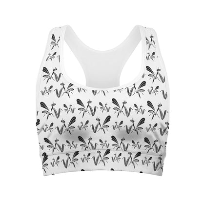 White And Black Mantis Pattern Print Women's Sports Bra