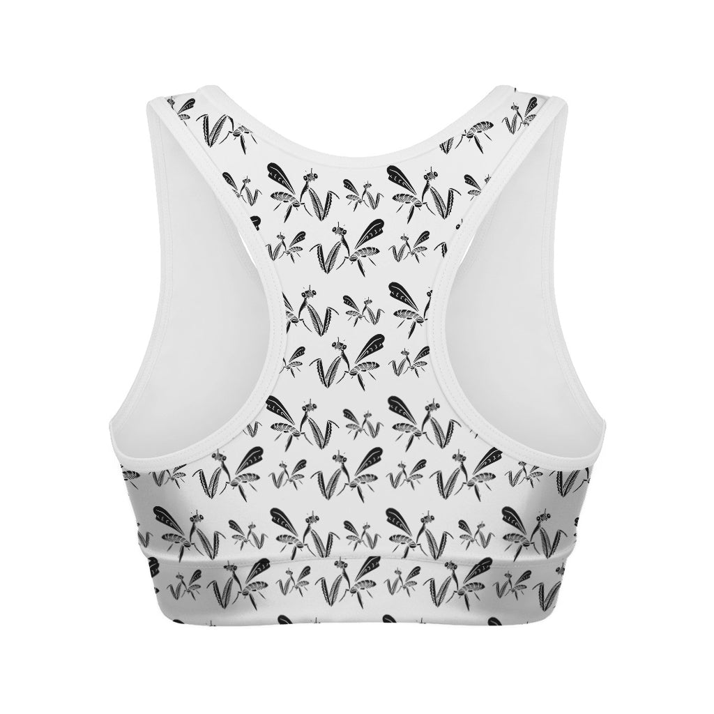 White And Black Mantis Pattern Print Women's Sports Bra
