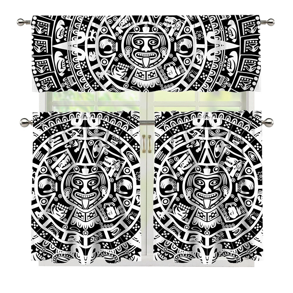 White And Black Maya Calendar Print 3 Piece Kitchen Curtains