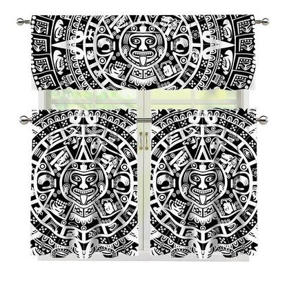 White And Black Maya Calendar Print 3 Piece Kitchen Curtains