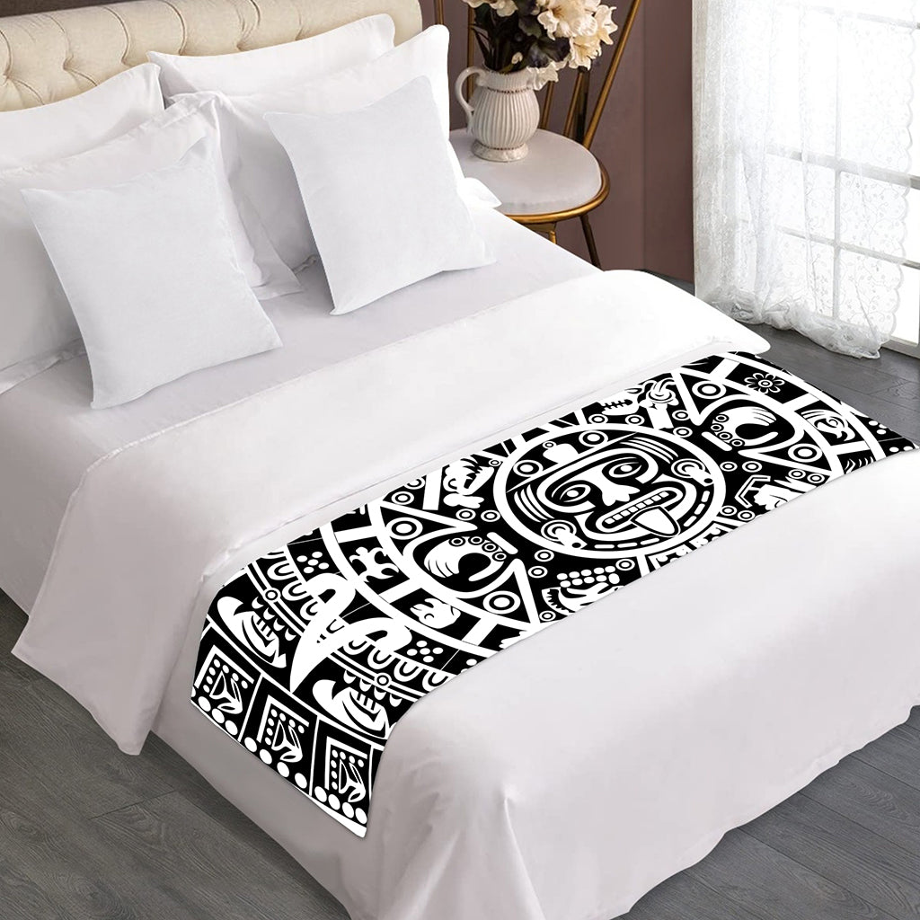 White And Black Maya Calendar Print Bed Runner