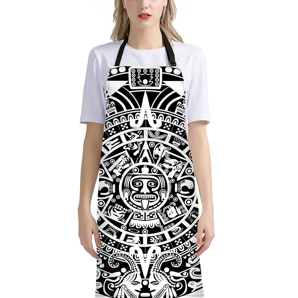 White And Black Maya Calendar Print Bib Apron With Pocket