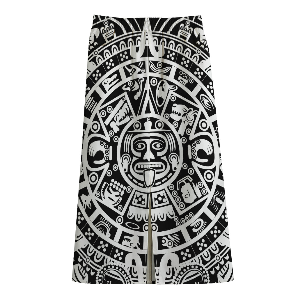 White And Black Maya Calendar Print Cotton Front Slit Maxi Skirt