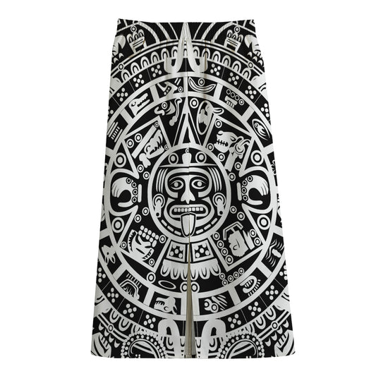 White And Black Maya Calendar Print Cotton Front Slit Maxi Skirt