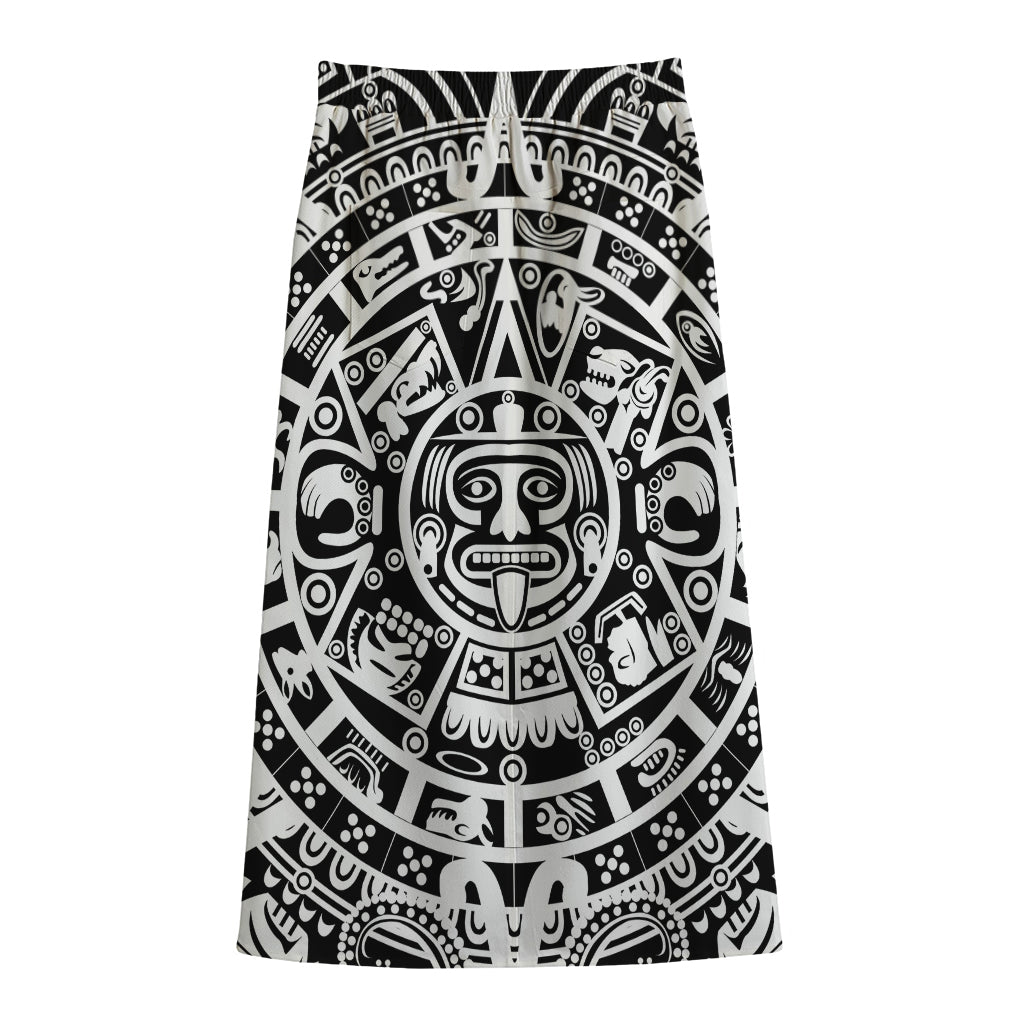 White And Black Maya Calendar Print Cotton Front Slit Maxi Skirt