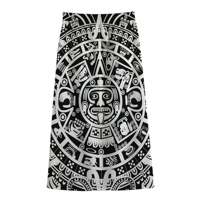White And Black Maya Calendar Print Cotton Front Slit Maxi Skirt