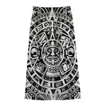 White And Black Maya Calendar Print Cotton Front Slit Maxi Skirt