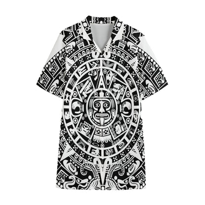 White And Black Maya Calendar Print Cotton Hawaiian Shirt