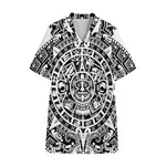 White And Black Maya Calendar Print Cotton Hawaiian Shirt