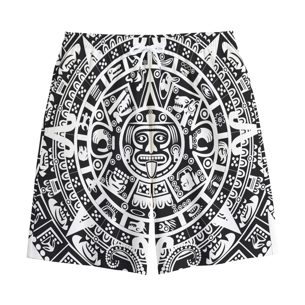 White And Black Maya Calendar Print Cotton Shorts