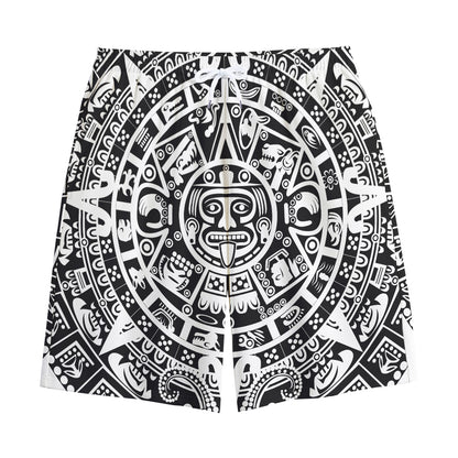 White And Black Maya Calendar Print Cotton Shorts