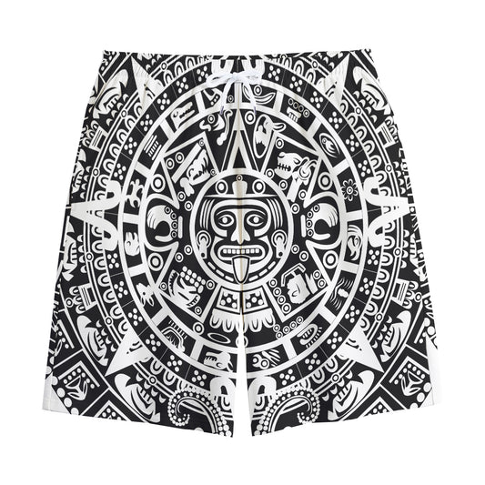 White And Black Maya Calendar Print Cotton Shorts