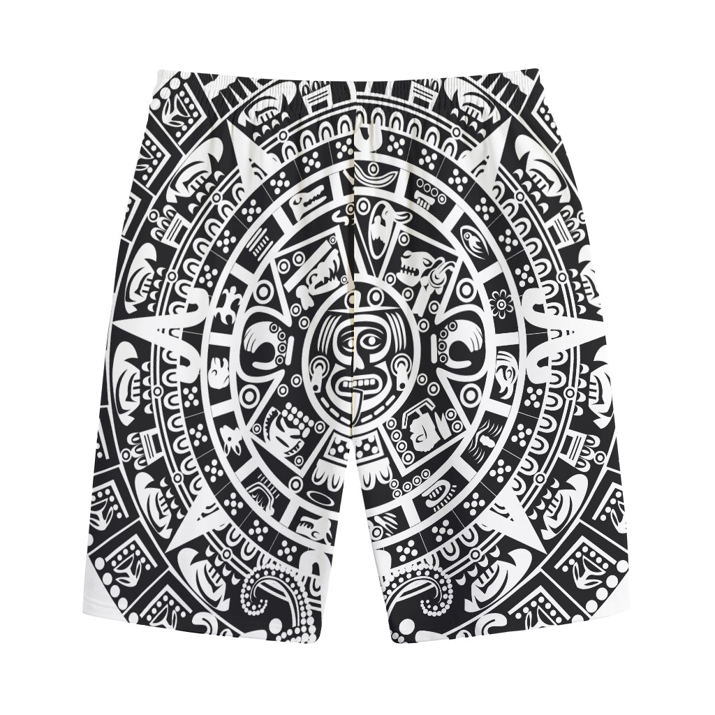 White And Black Maya Calendar Print Cotton Shorts