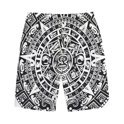 White And Black Maya Calendar Print Cotton Shorts