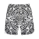 White And Black Maya Calendar Print Cotton Shorts