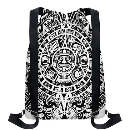 White And Black Maya Calendar Print Drawstring Backpack