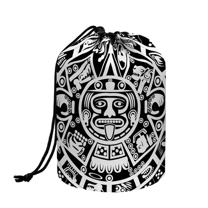 White And Black Maya Calendar Print Drawstring Makeup Bag