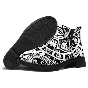 White And Black Maya Calendar Print Flat Ankle Boots