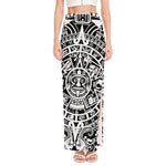 White And Black Maya Calendar Print High Slit Maxi Skirt
