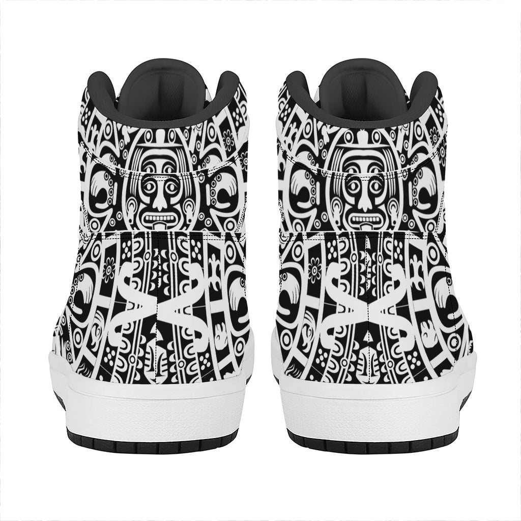 White And Black Maya Calendar Print High Top Leather Sneakers