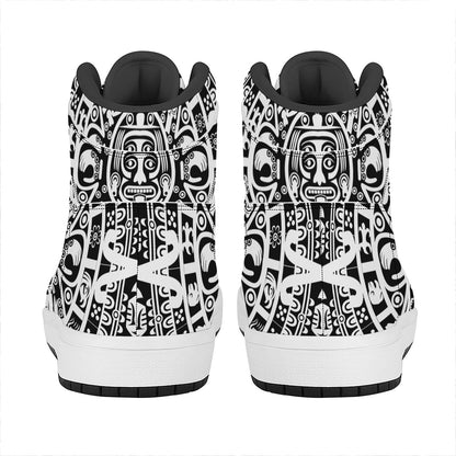 White And Black Maya Calendar Print High Top Leather Sneakers