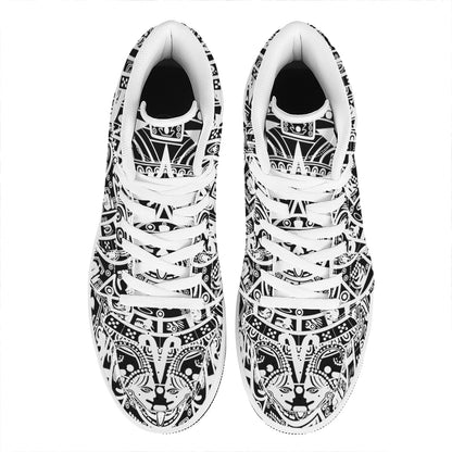 White And Black Maya Calendar Print High Top Leather Sneakers