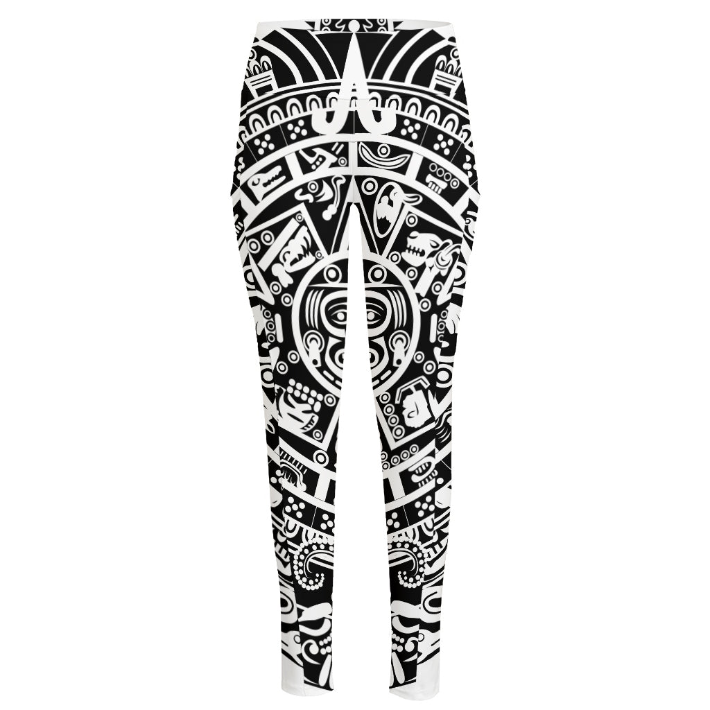 White And Black Maya Calendar Print High-Waisted Pocket Leggings