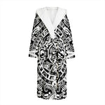 White And Black Maya Calendar Print Hooded Bathrobe