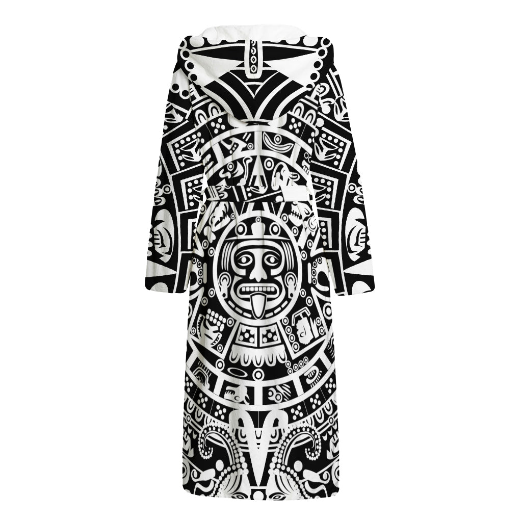 White And Black Maya Calendar Print Hooded Bathrobe