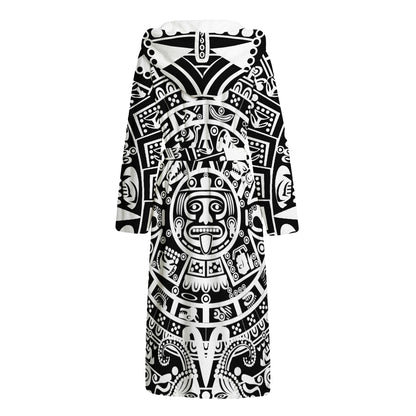 White And Black Maya Calendar Print Hooded Bathrobe