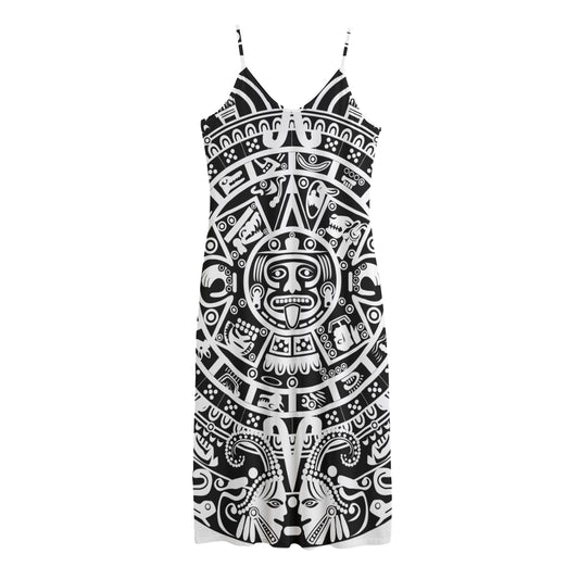 White And Black Maya Calendar Print Jersey Midi Cami Dress