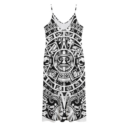 White And Black Maya Calendar Print Jersey Midi Cami Dress