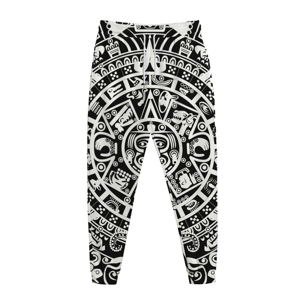 White And Black Maya Calendar Print Jogger Pants