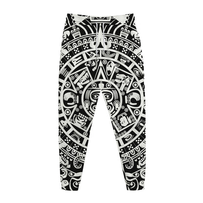 White And Black Maya Calendar Print Jogger Pants