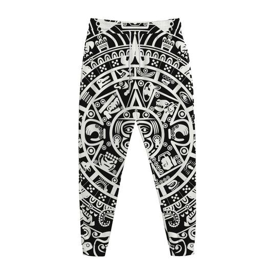 White And Black Maya Calendar Print Jogger Pants