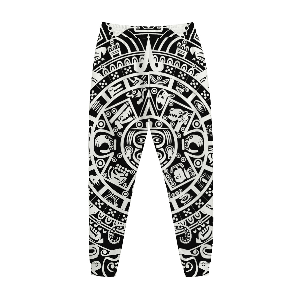 White And Black Maya Calendar Print Jogger Pants