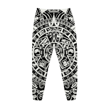 White And Black Maya Calendar Print Jogger Pants