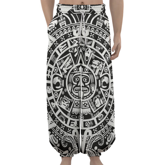 White And Black Maya Calendar Print Lantern Pants