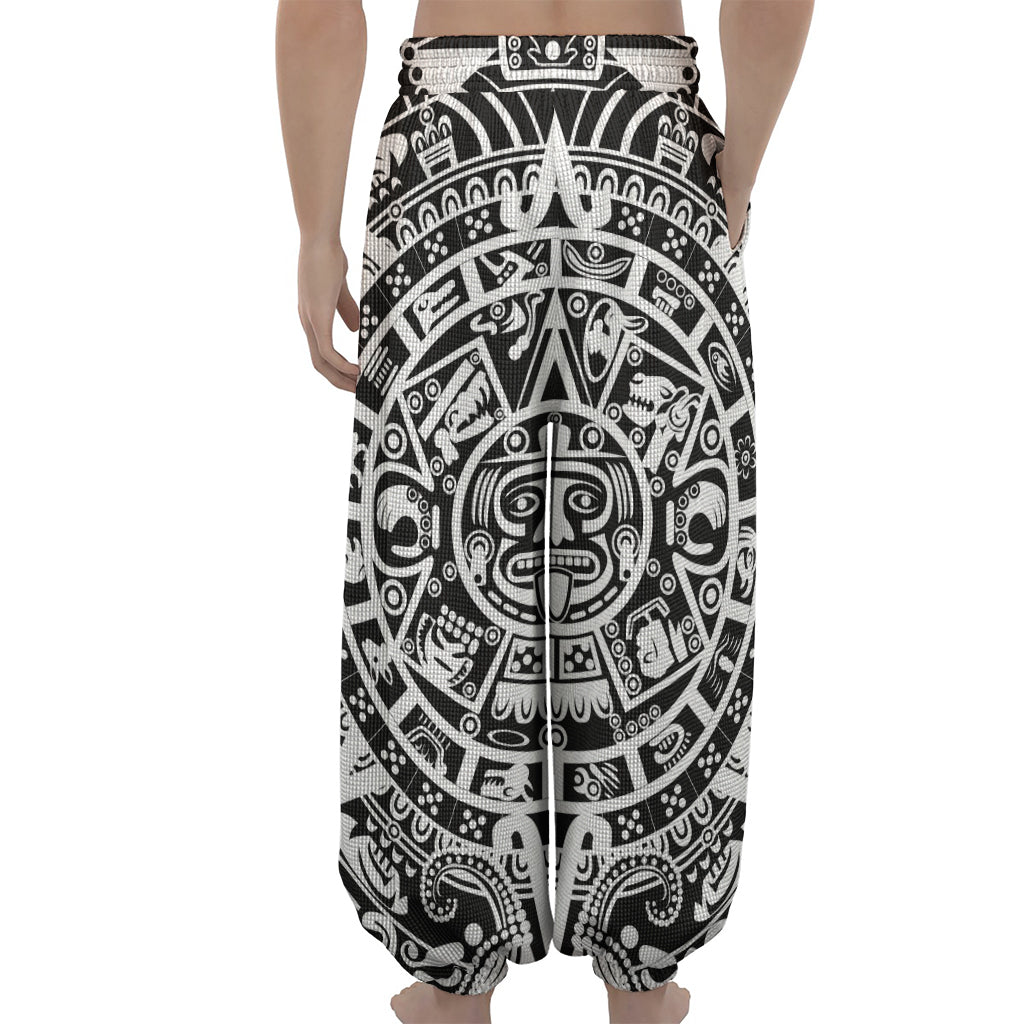 White And Black Maya Calendar Print Lantern Pants