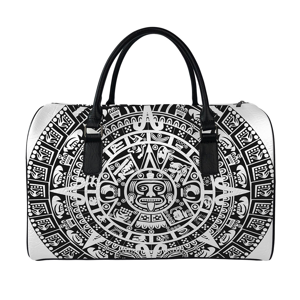 White And Black Maya Calendar Print Leather Duffle Bag