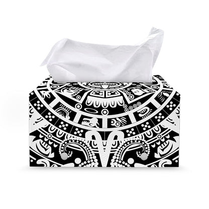 White And Black Maya Calendar Print Leather Tissue Box Cover