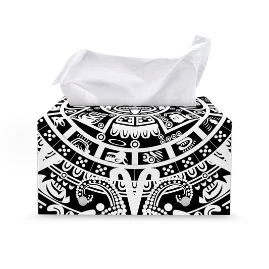 White And Black Maya Calendar Print Leather Tissue Box Cover