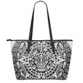 White And Black Maya Calendar Print Leather Tote Bag With Zipper
