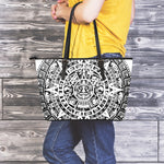 White And Black Maya Calendar Print Leather Tote Bag